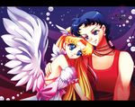  1girl 2010 angel_wings back_bow bad_id bad_pixiv_id bare_shoulders bishoujo_senshi_sailor_moon black_hair blonde_hair blue_eyes bow dress earrings hair_bow hair_bun jewelry letterboxed long_hair pink_bow ponytail puffy_sleeves sasori_(pixiv920534) seiya_kou shirt smile tsukino_usagi twintails wings 