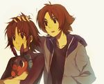 2boys bad_id bad_tumblr_id brown_hair diving_suit gen_5_pokemon hand_on_another's_head headwear_removed jacket kyouhei_(pokemon) lechuza long_sleeves looking_away messy_hair multiple_boys no_hat no_headwear open_clothes open_jacket open_mouth petting pokemon pokemon_(creature) pokemon_(game) pokemon_bw pokemon_bw2 scratching_head short_hair simple_background surprised sweat tepig touya_(pokemon) upper_body 