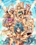  armor chrysaor_krishna dark_skin dark_skinned_male enmto full_armor gemini_kanon gold_armor gold_saint green_hair hippocampus_baian kraken_isaac long_hair lymnades_kasa mohawk multiple_boys pink_hair polearm purple_hair saint_seiya scylla_eo sorrento spear weapon 