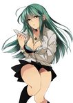  asuna_(i_luv) bad_id bad_pixiv_id bra breast_squeeze breasts cleavage frown green_eyes green_hair jewelry large_breasts long_hair necklace open_clothes open_shirt original pleated_skirt shirt simple_background skirt solo thighs underwear white_background 