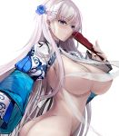  1girl alternate_costume areolae ass azur_lane bangs belfast_(azur_lane) blue_eyes blush braid breasts chains chinese_clothes closed_mouth collar dress earrings eyebrows_visible_through_hair fan folding_fan holding holding_fan jewelry large_breasts long_hair looking_at_viewer misako12003 nipples partially_undressed see-through shrug_(clothing) silver_hair simple_background smile solo twisted_torso upper_body white_background 
