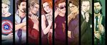  6+boys avengers black_hair black_widow blonde_hair bruce_banner captain_america casual clint_barton column_lineup cuffs dress everyone facial_hair formal green_eyes handcuffs hawkeye_(marvel) highres iron_man loki_(marvel) long_hair marvel multiple_boys mustache muzzle natasha_romanoff necktie phil_coulson red_hair reducto shirt steve_rogers stubble suit sunglasses t-shirt thor_(marvel) tony_stark trading_card 