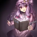  bad_id bad_pixiv_id book book_focus crescent dress floating_book hair_ribbon hat long_hair looking_at_viewer miya_(tokumei) open_mouth patchouli_knowledge purple_hair red_eyes ribbon smile solo striped striped_dress touhou upper_body 