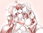  3girls asbel_lhant blush breasts coat genderswap hubert_ozwell kiss large_breasts monochrome multiple_girls richard_(tales_of_graces) short_hair tales_of_(series) tales_of_graces usaginagomu 