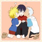  1girl 1gril 2boys age_difference black_hair blonde_hair eyes_closed heart kiss kyle_dunamis lazy_rabbit loni_dunamis mother_and_son multiple_boys rutee_katrea rutee_katret shoes short_hair tales_of_(series) tales_of_destiny tales_of_destiny_2 white_hair 