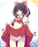  ascot black_hair blush bow breasts detached_sleeves hair_bow hair_tubes hakurei_reimu midriff navel open_mouth panties red_eyes shefu shirt skirt skirt_lift skirt_set small_breasts solo sweat touhou underboob underwear white_panties 