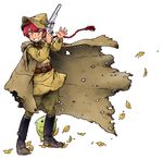  autumn_leaves boots braid cape full_body grin gun handgun hat hayami_rasenjin horn kutsuzure_sensen military military_uniform orange_eyes red_hair red_star revolver smile smith_&amp;_wesson_model_3 solo soviet twin_braids uniform vasilisa_prekrasnaya_medvedeva weapon white_background world_war_ii 