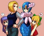  ? android android_18 bangs blonde_hair blue_eyes clenched_hands commentary_request creator_connection crossover cyborg dr._slump dragon_ball dragon_ball_z dress frown hair_ribbon hand_on_hip heart helmet jiayu_long multiple_crossover multiple_girls nervous norimaki_arale ponytail purple_eyes purple_hair red_dress ribbon rockman roll splash_woman spoken_heart spoken_question_mark sweatdrop trait_connection 