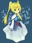  1girl blonde_hair blue_background blue_eyes breasts capelet dress fenimore long_hair tales_of_(series) tales_of_legendia twintails 