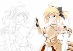  ahoge armor armored_dress artoria_pendragon_(all) bad_id bad_pixiv_id bare_shoulders blonde_hair bow fate/stay_night fate/unlimited_codes fate_(series) gauntlets green_eyes hair_bow lineart long_hair ponytail saber saber_lily shouyan solo sword symmetry weapon 