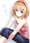  alice_margatroid bad_id bad_pixiv_id blonde_hair blue_eyes breasts camisole contemporary denim from_above hairband hands_under_legs jeans looking_at_viewer pants small_breasts solo takemori_shintarou touhou translated 