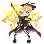  :d adapted_costume album_cover alternate_costume blonde_hair bow braid cover electric_guitar guitar hat hat_bow instrument kirisame_marisa long_hair open_mouth single_braid smile solo star striped striped_legwear thighhighs touhou uruu_gekka white_bow witch_hat wrist_cuffs yellow_eyes 