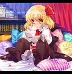  bed between_thighs black_legwear blonde_hair blush book bookshelf error feet goriyaku hair_ribbon hourglass indoors pillow red_eyes ribbon rumia short_hair sitting smile solo thighhighs touhou 