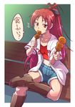  baseball_uniform boots bow dango e20 eating food hair_bow hiroshima_touyou_carp long_hair mahou_shoujo_madoka_magica midriff navel nippon_professional_baseball ponytail red_eyes red_hair sakura_kyouko shorts solo sportswear translated wagashi wide_ponytail 