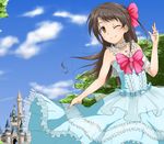  ;) bow brown_eyes brown_hair castle choker dress frills glint hair_bow half_updo idolmaster idolmaster_cinderella_girls jewelry long_hair necklace one_eye_closed pobii ring shimamura_uzuki skirt smile solo 