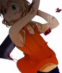  aiming_at_viewer attack bad_id bad_pixiv_id belly_peek blonde_hair blood closed_mouth collarbone green_eyes hands_up hatchet holding holding_weapon inazuma_eleven inazuma_eleven_(series) medium_hair miyasaka_ryou motion_blur navel nose_hatchet shaded_face sleeveless tan tank_top tomo_(sjim) two-handed upper_body weapon white_background yandere 