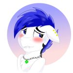  black_eyebrows blue_eyes blue_hair blush clover ear_piercing earth_pony equine eyebrows fan_character fur hair horse jewelry mammal my_little_pony necklace piercing pony short_hair solo source_request unknown_artist white_ears white_fur 