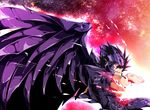  :d armor backlighting bennu_kagaho black_hair cimeri fingernails full_armor hair_between_eyes helmet looking_at_viewer male_focus open_mouth outstretched_arm purple_eyes purple_wings saint_seiya saint_seiya:_the_lost_canvas sidelocks smile solo space spiked_hair upper_body v-shaped_eyebrows wings 
