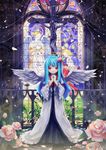  angel_wings blue_hair church cross crucifixion dress flower food fruit hair_ornament halo hands_together hinanawi_tenshi isegawa_yasutaka jesus long_hair own_hands_together peach red_eyes robe rose solo stained_glass touhou wings 