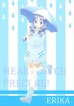  blue_background blue_eyes blue_hair boots character_name copyright_name eyelashes heartcatch_precure! highres kagami_chihiro kurumi_erika long_hair precure rain raincoat ribbon shorts solo umbrella 