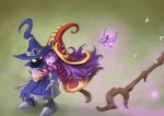  1girl blush cane fairy fang glomp glowing glowing_eyes hat heart highres hug hug_from_behind league_of_legends long_hair lulu_(league_of_legends) open_mouth pix pointy_ears purple_hair purple_skin ricegnat smile staff veigar 