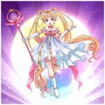  adapted_costume back_bow bishoujo_senshi_sailor_moon blonde_hair boots bow crescent crossed_legs double_bun dress facial_mark forehead_mark full_body gloves hair_ornament hairpin holding holding_staff knee_boots koko_(dollykiss911) long_hair magical_girl pink_bow puffy_sleeves purple_eyes red_bow ribbon sailor_collar sailor_moon sailor_senshi_uniform see-through solo staff standing star star-shaped_pupils symbol-shaped_pupils tiara tsukino_usagi twintails white_gloves white_sailor_collar 