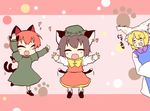  animal_ears arm_up bow brown_hair cat_ears cat_tail chen closed_eyes dress drooling earrings fang green_dress hat heart highres jewelry kaenbyou_rin letterboxed mizuga multiple_girls multiple_tails nekomata open_mouth outstretched_arms paw_print pose red_hair shirt short_hair skirt skirt_set smile standing standing_on_one_leg tabard tail touhou white_dress yakumo_ran 