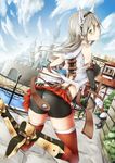  animal_ears ass bad_id bad_pixiv_id bare_shoulders bike_shorts boots building green_eyes grey_hair highres kizuka_kanata long_hair pixiv_fantasia pixiv_fantasia_sword_regalia red_legwear smile solo thighhighs 