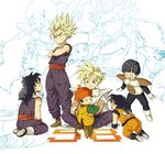  :d age_progression all_fours armor black_hair blonde_hair boots cape crossed_arms dragon_ball dragon_ball_(object) dragon_ball_z dual_persona gloves kneeling looking_up monkey_tail multiple_boys multiple_persona nikayu open_mouth shoes sitting smile son_gohan spiked_hair standing super_saiyan tail zoom_layer 