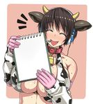  animal_ears animal_print bare_shoulders bell bell_collar breasts brown_hair collar cow_ears cow_horns cow_print darabuchi detached_sleeves headset horns huge_breasts idolmaster idolmaster_cinderella_girls oikawa_shizuku open_mouth short_hair sketchbook smile solo sweat 