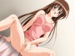  bed blue_eyes blush brown_hair covering long_hair mizuno_ryoko pussy tsuki_possession uncensored zyx 