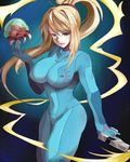  artist_request blonde_hair blue_eyes breasts gun metroid pixiv_thumbnail resized samus_aran weapon yude zero_suit 