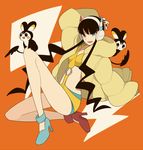  ayakasama bad_id bad_pixiv_id bangs bare_legs black_hair blue_eyes blunt_bangs emolga fingernails fur_coat gen_5_pokemon gym_leader headphones high_heels kamitsure_(pokemon) lightning long_hair looking_at_viewer midriff mismatched_footwear nail_polish orange_background pokemon pokemon_(creature) pokemon_(game) pokemon_bw2 shoes 