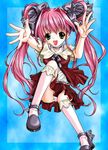  alternate_costume blue_background bow choker full_body green_eyes hair_bow hair_intakes hair_rings idol_tenshi_youkoso_youko kneehighs long_hair ma-ka mary_janes panties pantyshot pantyshot_(sitting) pink_hair pink_legwear shoes sitting smile solo tanaka_youko twintails underwear 