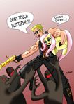  amazing couple crossover dialog dialogue duke_nukem equine female feral fluttershy_(mlp) friendship_is_magic gun horse human male mammal monster my_little_pony pegasus pistol pony ranged_weapon text weapon wings 