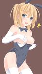  absurdres animal_ears bad_id bad_pixiv_id blonde_hair blue_eyes blush breasts bunny_ears bunny_girl bunnysuit covering covering_breasts fake_animal_ears highres medium_breasts mizunashi_kenichi nipples original short_hair solo thighhighs undressing 