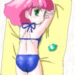  bikini child green_eyes lowres magical_girl mahou_no_princess_minky_momo minky_momo oekaki pink_hair swimsuit towel 