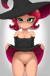  1girl anearbyanimal bare_shoulders blush breasts closed_mouth dress dress_lift eyes_visible_through_hair gluteal_fold gradient gradient_background green_eyes grey_background hat long_sleeves looking_at_viewer no_panties octoling pussy red_hair short_hair small_breasts solo splatoon_(series) tentacle_hair thigh_gap witch_hat 