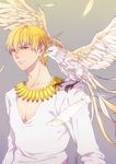  animal animal_on_shoulder bird bird_on_shoulder blonde_hair bracelet eagle fate/zero fate_(series) feathers gilgamesh grey_background jewelry male_focus necklace niniright red_eyes solo v-neck 