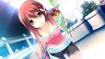  bag belt breasts casual cleavage crepe food game_cg grin hair_ribbon highres himegi_ageha kono_oozora_ni_tsubasa_wo_hirogete leaning_forward looking_at_viewer medium_breasts motoi_ayumu red_eyes red_hair ribbon shopping_bag short_hair shorts smile strapless 