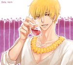  alcohol blonde_hair casual cup drawr drinking_glass fate/zero fate_(series) gilgamesh jewelry kanapy male_focus necklace red_eyes solo v-neck wine wine_glass 