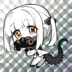  1girl ass black_mask black_tail blue_archive blush chibi colored_skin dress ein_(blue_archive) full_body long_sleeves looking_at_viewer mask mechanical_hands medium_hair nakamura_kumarin respirator solo symbol-shaped_pupils twintails white_dress white_hair white_skin x-shaped_pupils yellow_eyes 