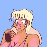 2018 blonde_hair blue_background bra breasts changing_color cleavage clothed clothing digital_drawing_(artwork) digital_media_(artwork) domestic_pig eyeshadow female flamesdames hair hi_res human humanoid hybrid long_hair looking_down makeup mammal mid_transformation mouth_closed pig_nose pink_body pink_bra pink_clothing pink_skin pink_underwear purple_eyeshadow question_mark simple_background solo suid suina sus_(pig) tan_body tan_skin underwear