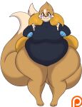 2023 2_tails anthro bailey_(dewwydarts) barefoot belly big_belly big_breasts black_clothing black_leotard breasts cheek_tuft clothing dewwydarts eyewear facial_tuft feet female floatzel fur generation_4_pokemon glasses hair hi_res leotard looking_at_viewer multi_tail nintendo orange_body orange_fur orange_hair overweight overweight_anthro overweight_female patreon patreon_logo pokemon pokemon_(species) red_eyes simple_background smile solo standing tail tuft wearing_glasses white_background wide_hips