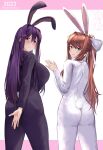  2girls \||/ animal_ears arm_behind_back ass bodysuit bow breasts brown_hair costume doki_doki_literature_club english_commentary fake_animal_ears fake_tail from_behind green_eyes grin hair_between_eyes hair_bow hand_up highres irkawaza large_breasts legs_apart long_hair looking_at_viewer looking_back monika_(doki_doki_literature_club) multiple_girls orange_hair purple_eyes purple_hair sideboob simple_background smile tail two-tone_background yuri_(doki_doki_literature_club) 