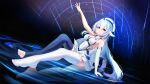  1girl absurdres arm_up asymmetrical_legwear azur_lane bare_shoulders black_thighhighs breasts constellation_(azur_lane) covered_navel dress elbow_gloves f35a full_body gloves gradient_hair hair_between_eyes highres large_breasts long_hair looking_at_viewer miniskirt multicolored_hair parted_lips pleated_skirt purple_eyes purple_hair robot_ears single_glove sitting skirt sleeveless sleeveless_dress solo thighhighs white_dress white_gloves white_hair white_skirt white_thighhighs 