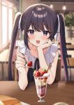  1girl :d absurdres black_hair cafe food fruit hair_ribbon hand_on_own_cheek hand_on_own_face highres holding holding_spoon incoming_food indoors looking_at_viewer okiq original purple_eyes ribbon sleeveless smile solo spoon strawberry strawberry_parfait table twintails white_ribbon window 