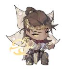  1boy brown_hair chibi cleric_lifeweaver dark-skinned_male dark_skin high_ponytail highres lifeweaver_(overwatch) long_hair off_shoulder open_hands open_mouth overwatch overwatch_2 pants pov shirt simple_background white_background white_shirt yellow_eyes yurino_0926 