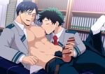  2boys abs bar_censor bara belt black_hair blazer blue_pants blush boku_no_hero_academia brown_belt censored freckles glasses green_hair grey_jacket handjob iida_tenya jacket large_pectorals looking_at_another lying male_focus midoriya_izuku multiple_boys necktie on_bed on_stomach one_eye_closed open_mouth pants pectorals precum pubic_hair red_necktie school_uniform semi-rimless_eyewear shirt short_hair smile socks sucking_male_nipple sweatdrop the_pose u.a._school_uniform white_shirt white_socks yaoi yowaifish 