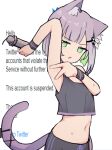  1girl absurdres animal_ear_fluff animal_ears armpits bad_id bad_twitter_id bare_shoulders black_tank_top cat_ears cat_girl cat_tail colored_inner_hair crop_top green_eyes green_hair hair_ornament highres inactive_account indie_virtual_youtuber looking_at_viewer lyrinne midriff multicolored_hair navel open_mouth purple_hair short_hair shwaa solo spread_armpit tail tank_top twitter virtual_youtuber 